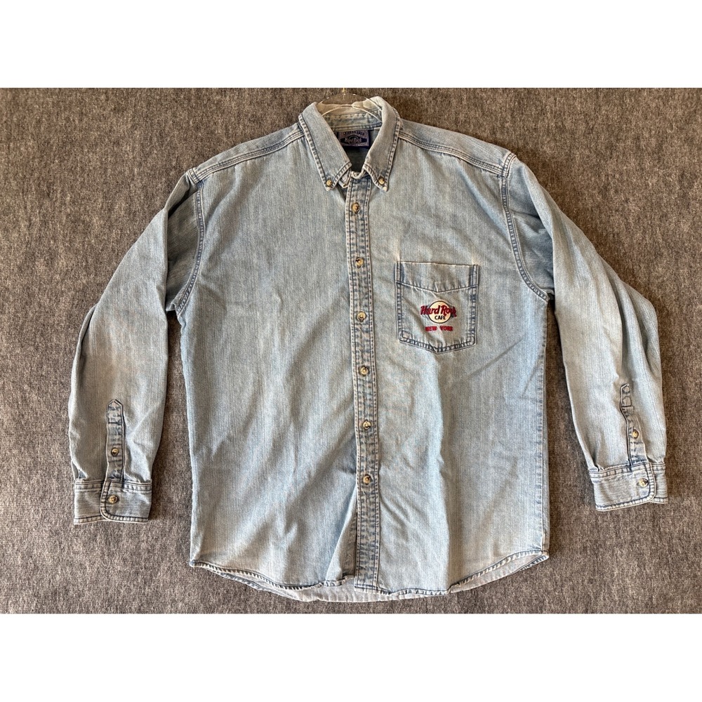 Hard Rock Cafe New York Vintage Denim Shirt Light Wash Blue Mens‎ Large L NY